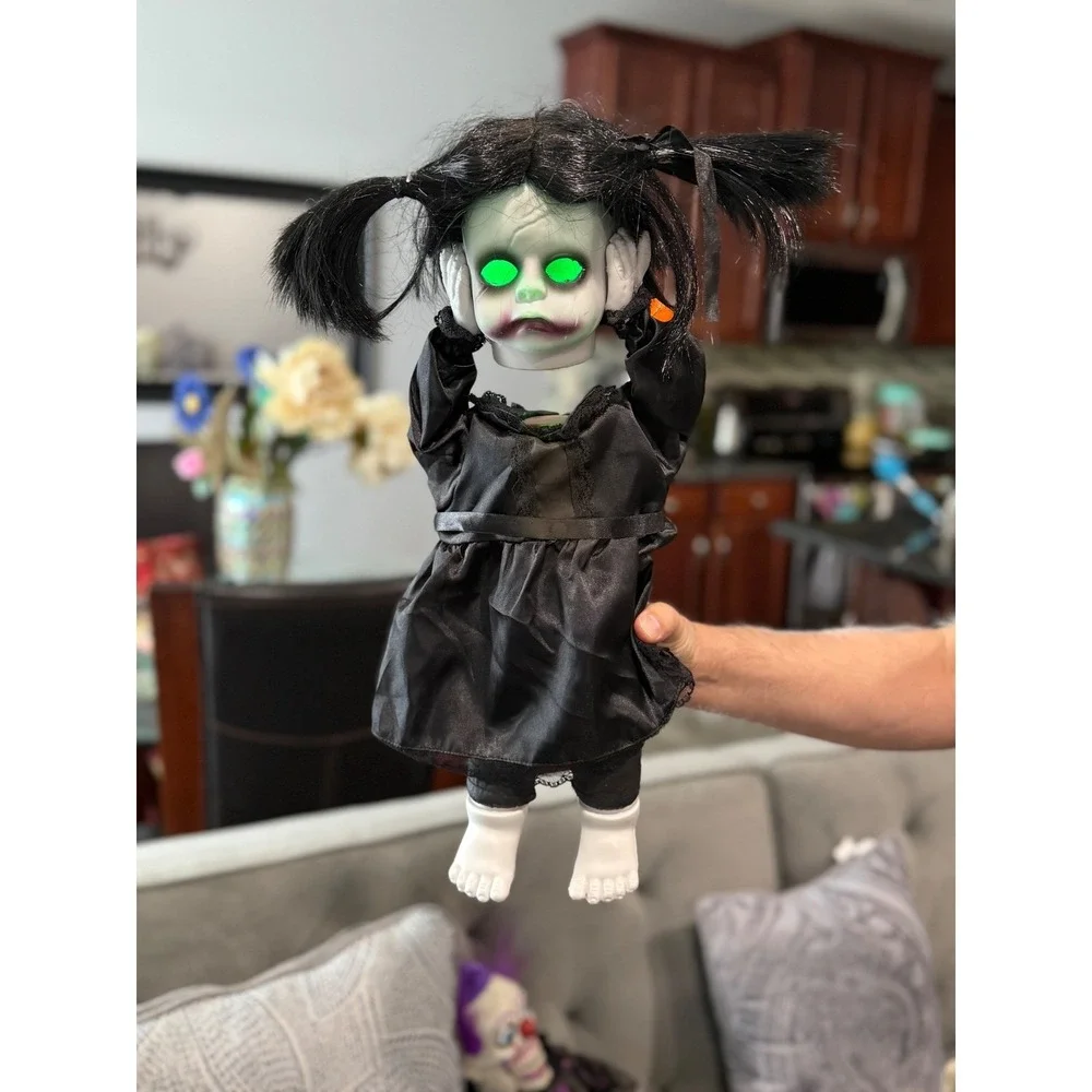 Spooky‎ Animated Doll Creepy Girl Glowing Eyes Black Dress talks